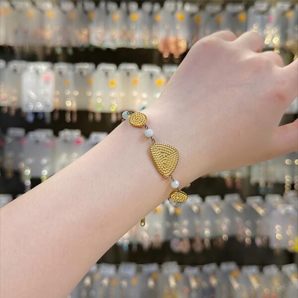 Gold Woven Texture Round Disc Charm Bracelet - Image 2