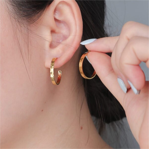Small Gold Hammered Open Hoop Earrings - Image 2