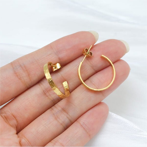 Small Gold Hammered Open Hoop Earrings - Image 3