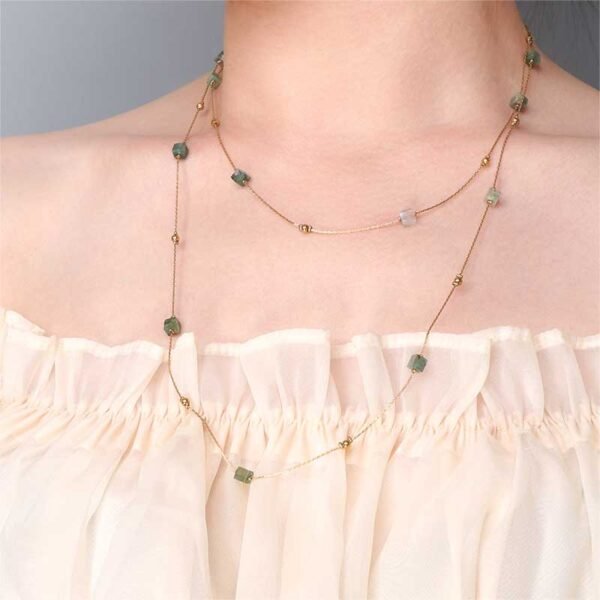 Square Glitter Gemstone Gold Beads Layering Necklaces - Image 3