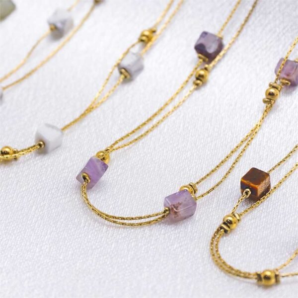 Square Glitter Gemstone Gold Beads Layering Necklaces - Image 4