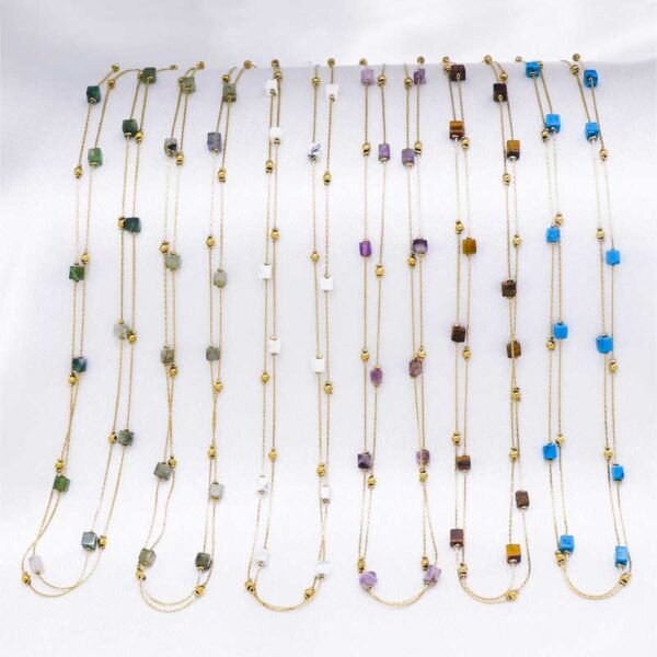 Square Glitter Gemstone Gold Beads Layering Necklaces - Image 2