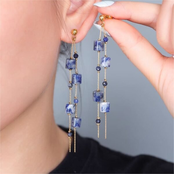 Gemstone Long Tassel Linear Drop Earrings - Image 3