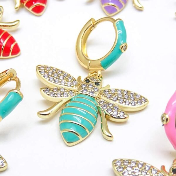 Gold Bee Enamel Dangle Huggie Earrings - Image 4