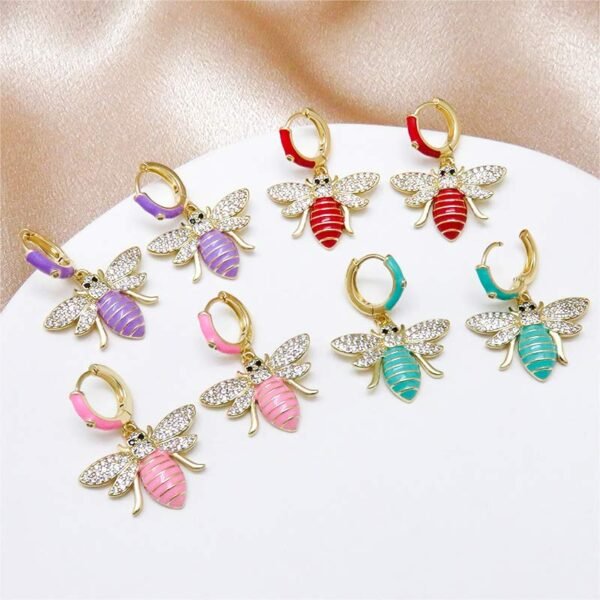 Gold Bee Enamel Dangle Huggie Earrings - Image 2