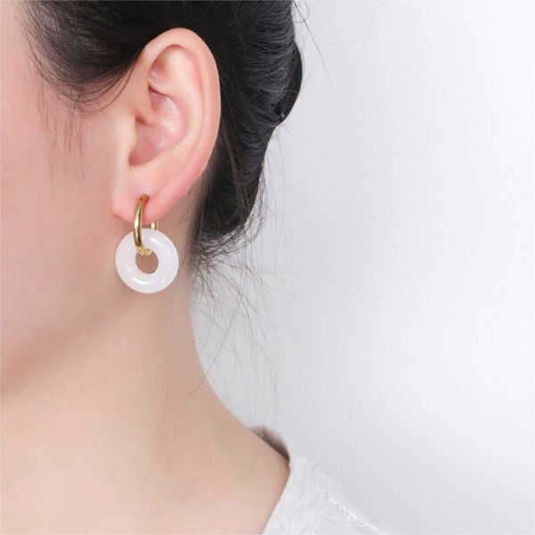 Handmade Natural White Jade Dangle Huggie Hoop Earrings - Image 3