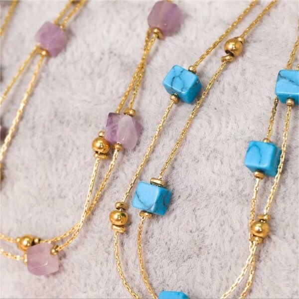 Square Gemstone Gold Beads Double Layer Bracelet for Women - Image 4