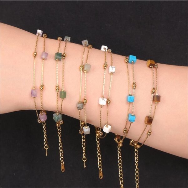 Square Gemstone Gold Beads Double Layer Bracelet for Women - Image 3