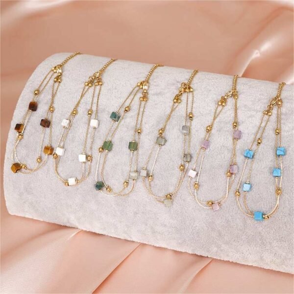 Square Gemstone Gold Beads Double Layer Bracelet for Women - Image 2