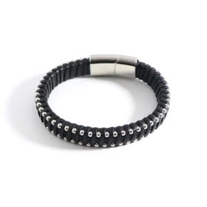 Stainless Steel Beads Magnetic Clasp Leather Bracelet