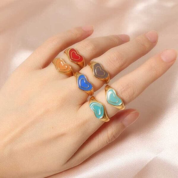 Chunky Double Enamel Heart Rings for Women - Image 3