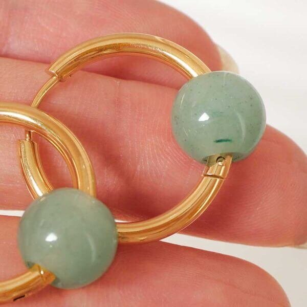 Natural Green Gemstone Gold Hoop Earrings - Image 3