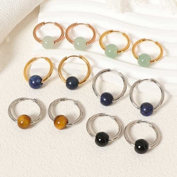 Natural Green Gemstone Gold Hoop Earrings - Image 2