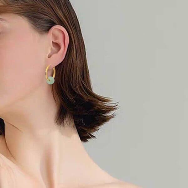 Natural Green Gemstone Gold Hoop Earrings - Image 4