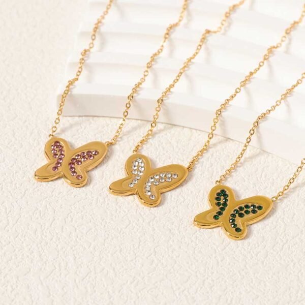 Zircon Inlay Gold Butterfly Necklace - Image 2