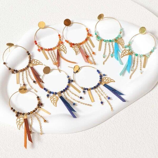 Bohemia Gemstone Beads Tassels Hoop Earrings - Image 2