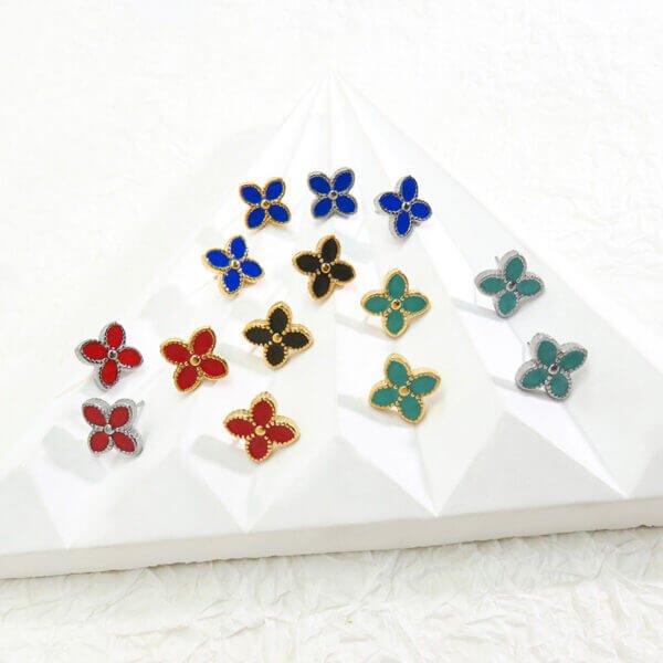 Enamel Four Leaf Clover Stud Earrings - Image 4