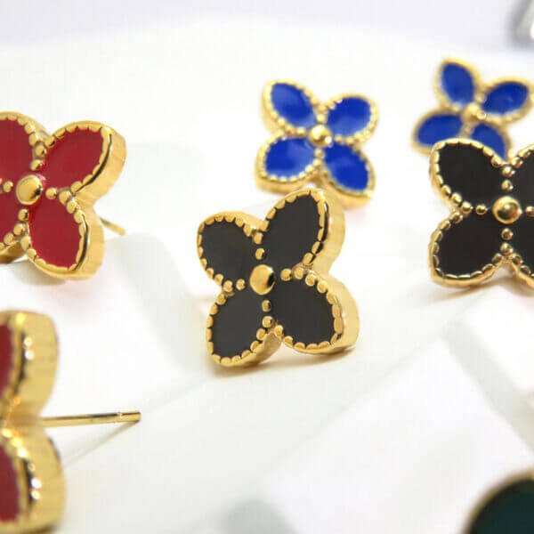Enamel Four Leaf Clover Stud Earrings - Image 2