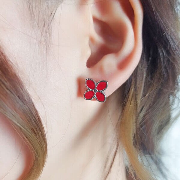 Enamel Four Leaf Clover Stud Earrings - Image 3