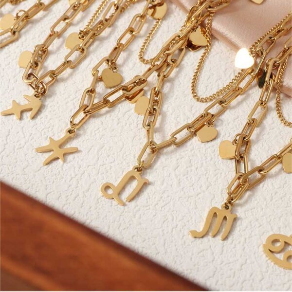 Double Layered Stainless Steel Gold Plated Zodiac Necklace