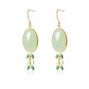Green Aventurine Gold Plated Stainless Steel Earrings with Enamel Wheat Spike Accents