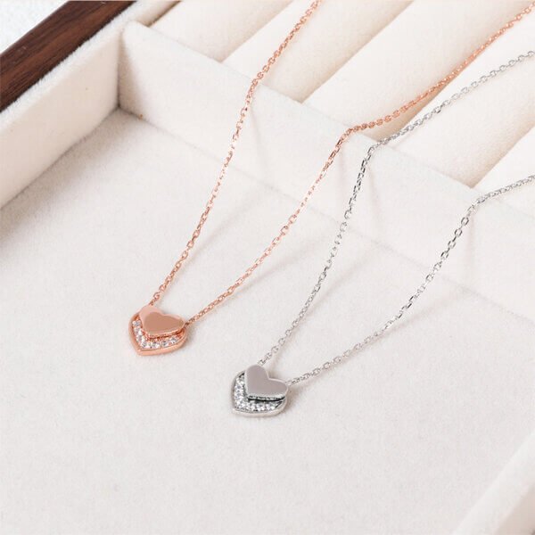 Sterling Silver Double Heart Necklace with Cubic Zirconia Sparkle