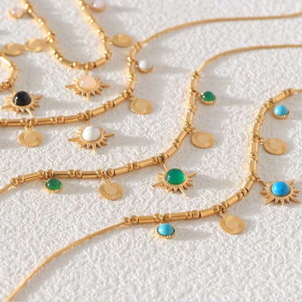 Unique Boho Necklaces with Natural Stone Sunburst Pendants