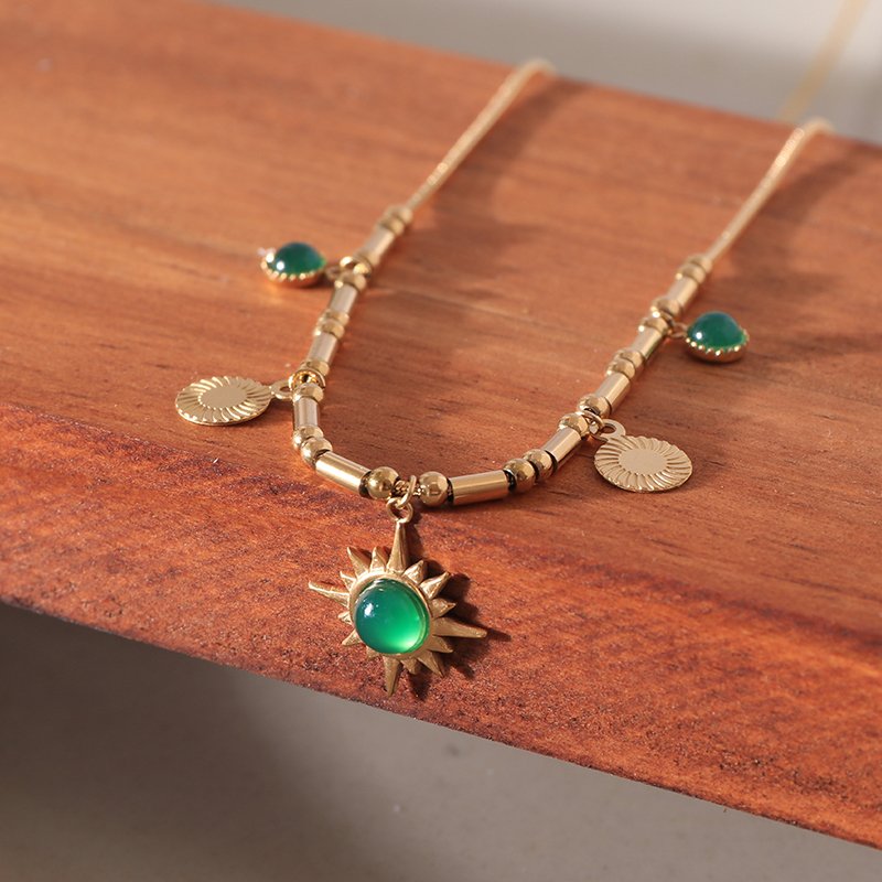 Unique Boho Necklaces with Natural Stone Sunburst Pendants