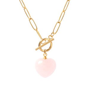 Modern Rose Quartz Heart Pendant Necklace in Stainless Steel