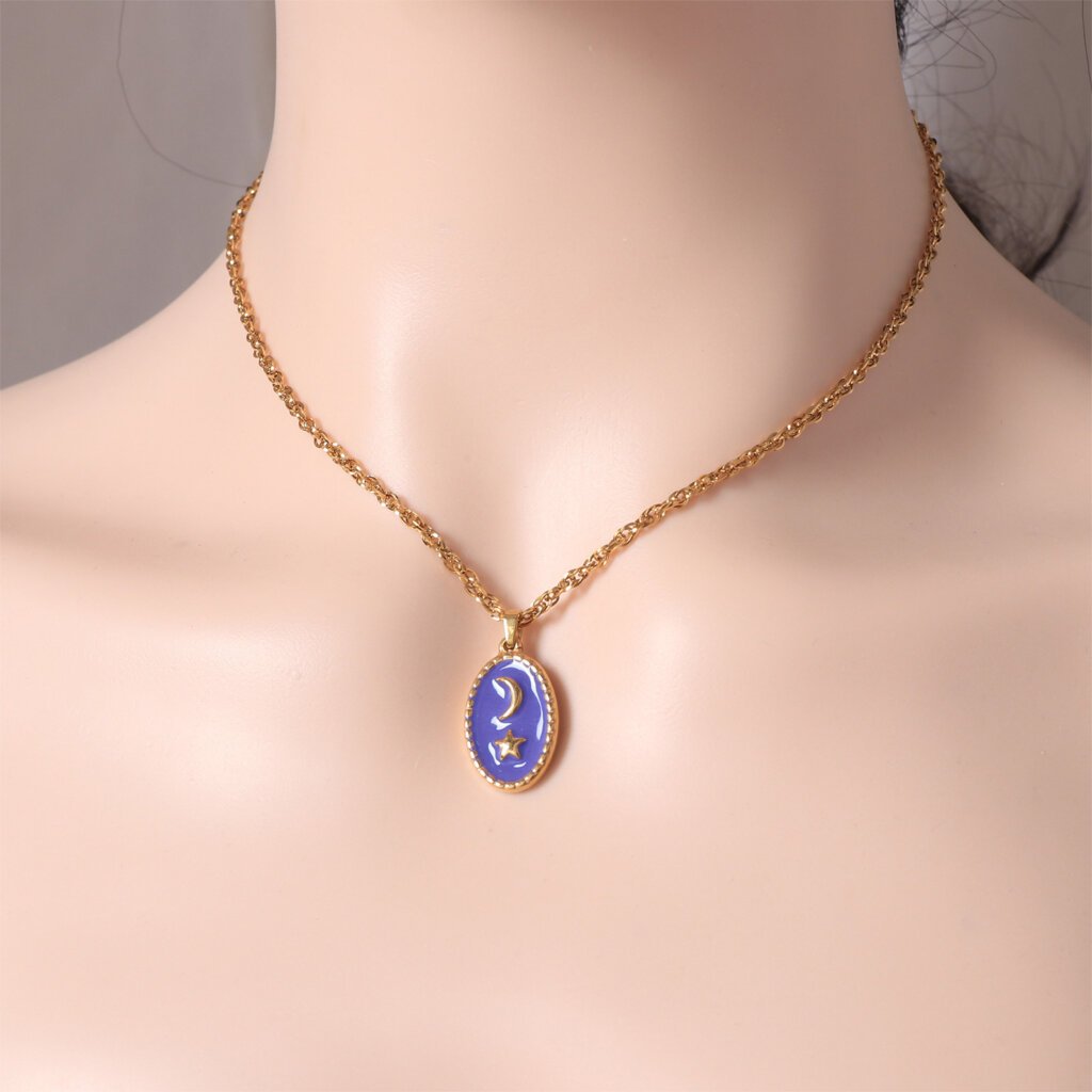 Enamel 18K Gold Plated Stainless Steel Crescent Moon Star Necklace