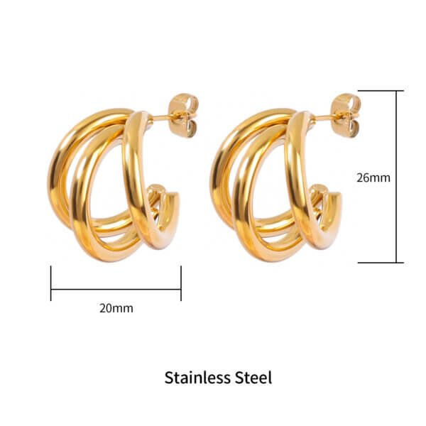 Modern Minimalist Stainless Steel Triple Hoop Gold Earrings
