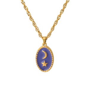 Enamel 18K Gold Plated Stainless Steel Crescent Moon Star Necklace