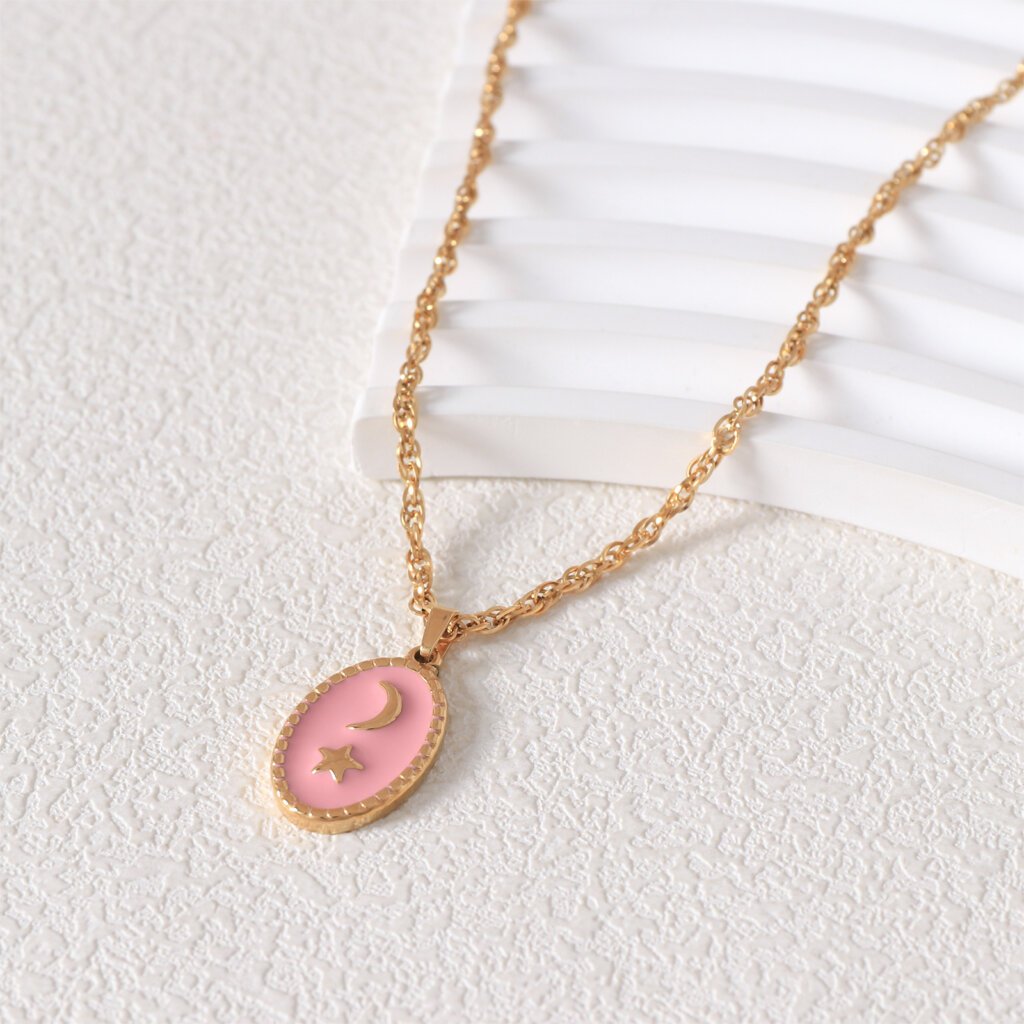 Enamel 18K Gold Plated Stainless Steel Crescent Moon Star Necklace