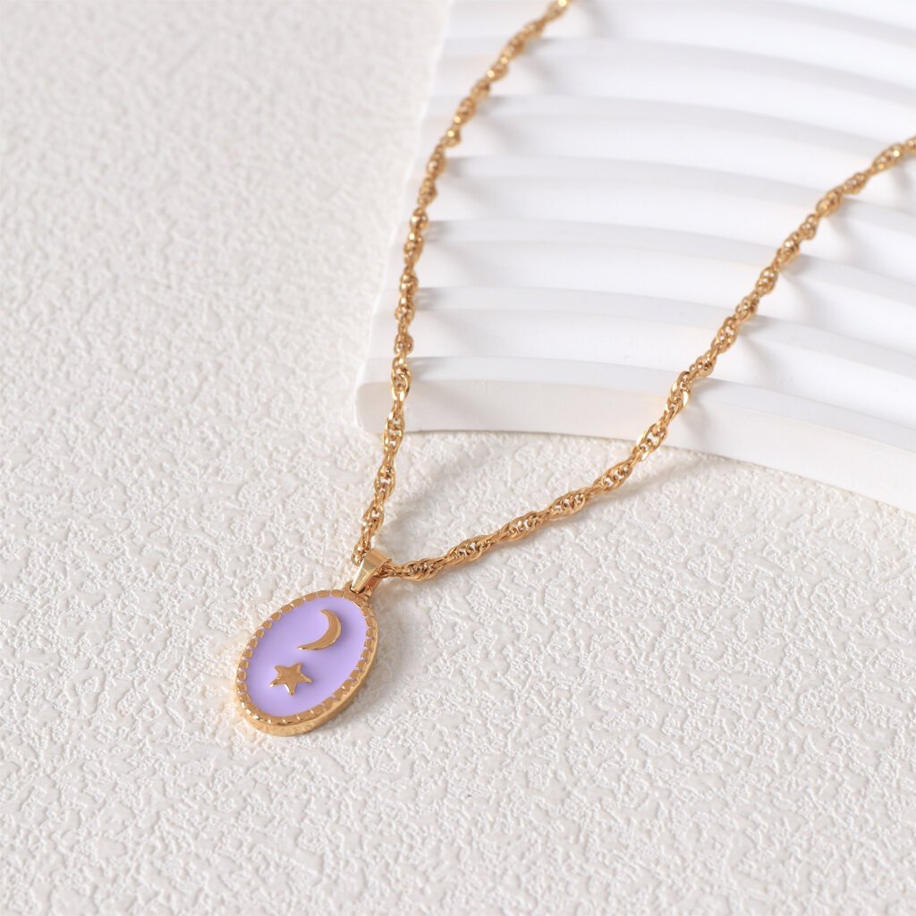 Enamel 18K Gold Plated Stainless Steel Crescent Moon Star Necklace