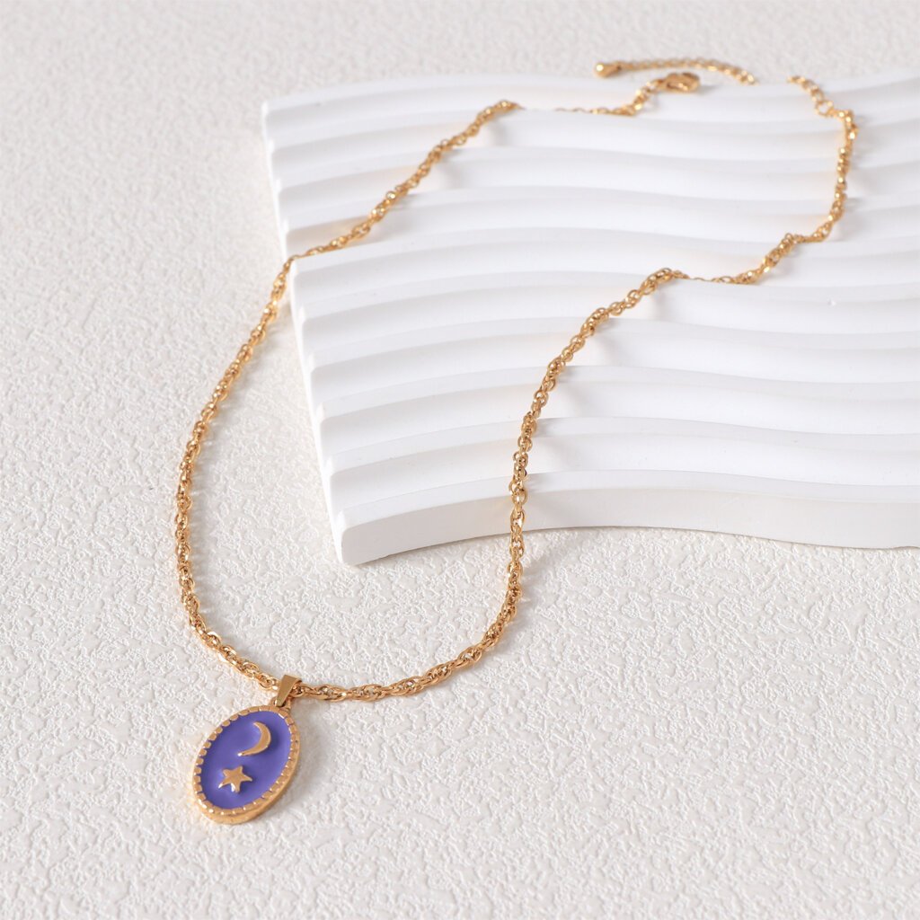 Enamel 18K Gold Plated Stainless Steel Crescent Moon Star Necklace