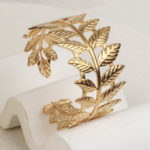 Nature Inspired Stainless Steel Cuff Gold Leaf Bangle