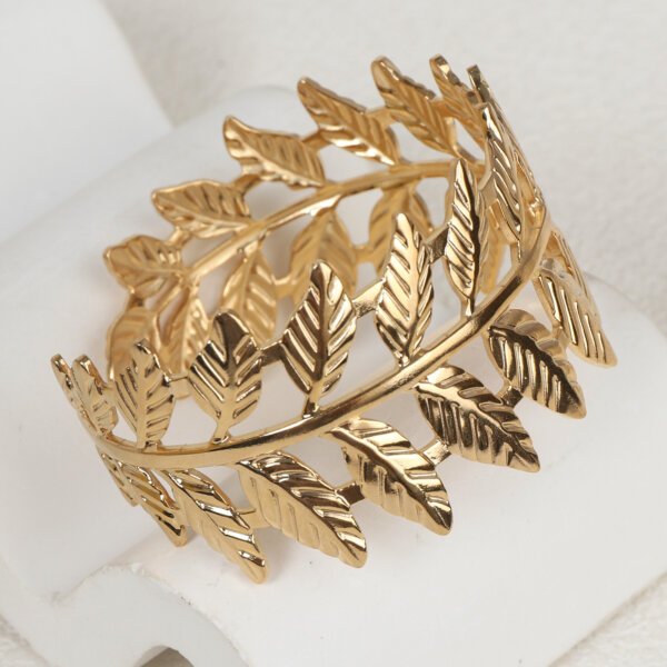 Nature Inspired Stainless Steel Cuff Gold Leaf Bangle