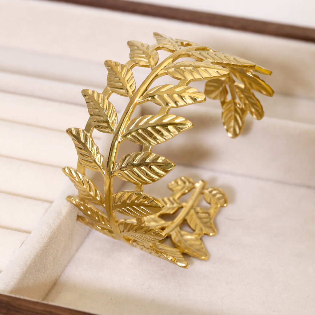 Nature Inspired Stainless Steel Cuff Gold Leaf Bangle
