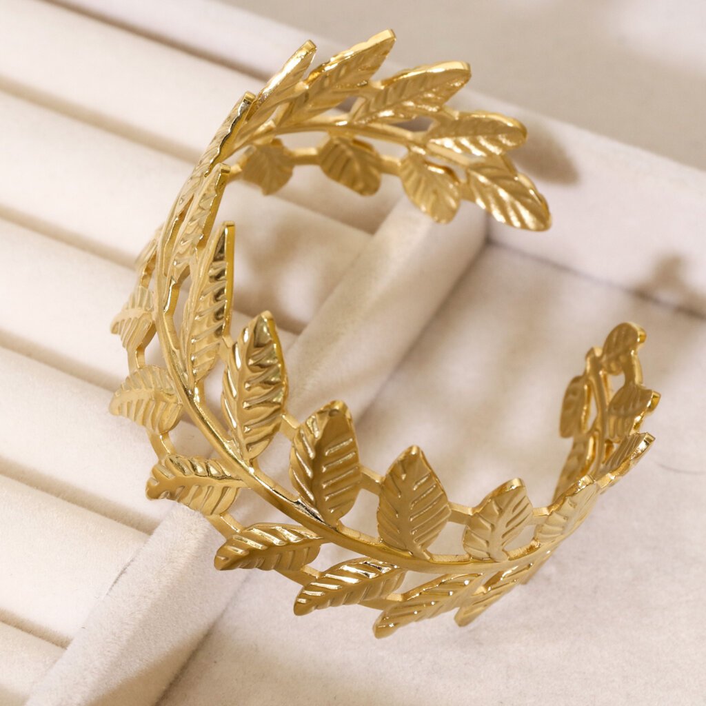 Nature Inspired Stainless Steel Cuff Gold Leaf Bangle