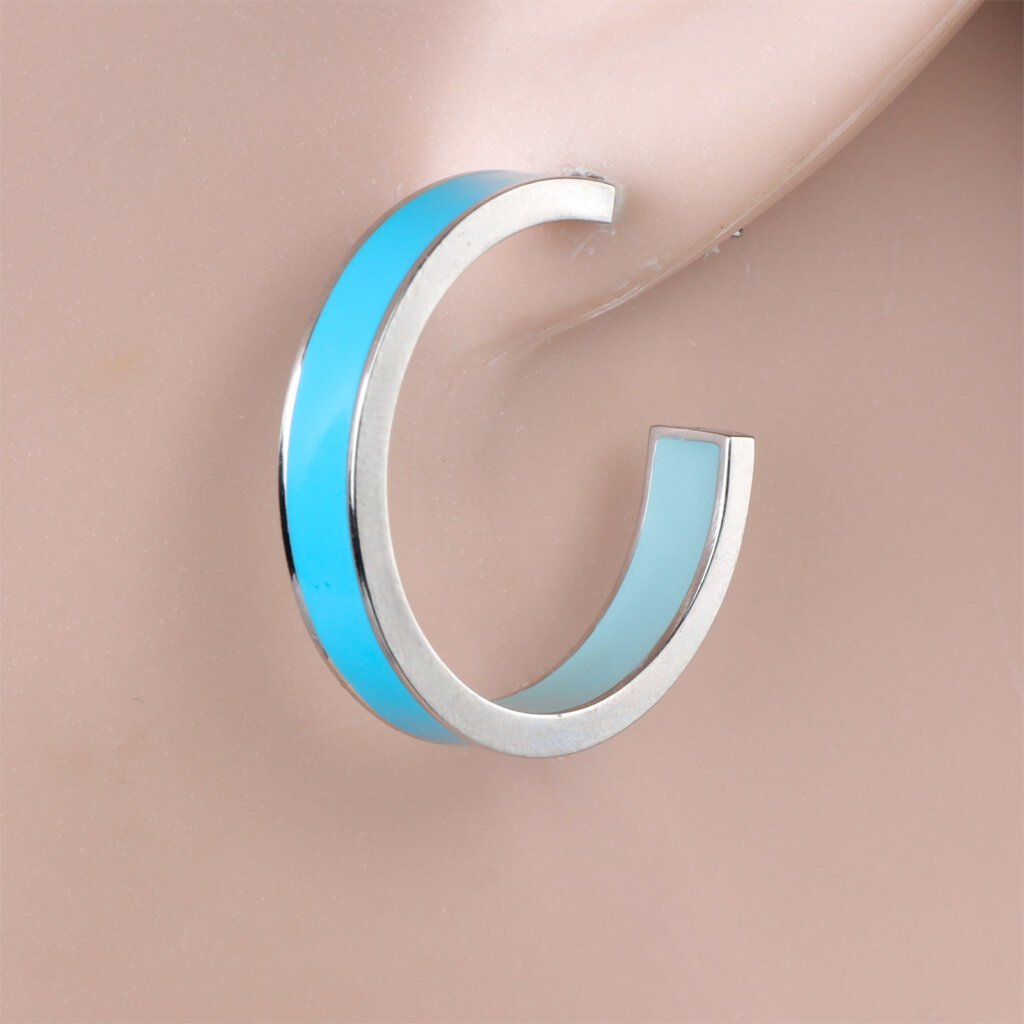 Modern Stainless Steel Half Hoop Earrings with Dual Blue Enamel