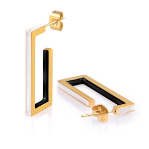 Minimalist Gold Geometric Earrings with Black and White Enamel