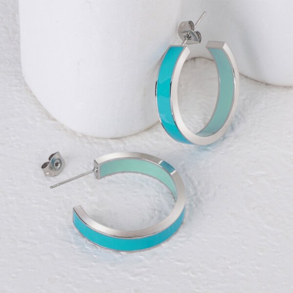 Modern Stainless Steel Half Hoop Earrings with Dual Blue Enamel