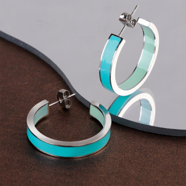 Modern Stainless Steel Half Hoop Earrings with Dual Blue Enamel