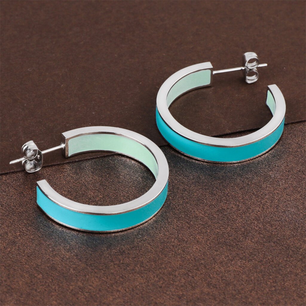 Modern Stainless Steel Half Hoop Earrings with Dual Blue Enamel