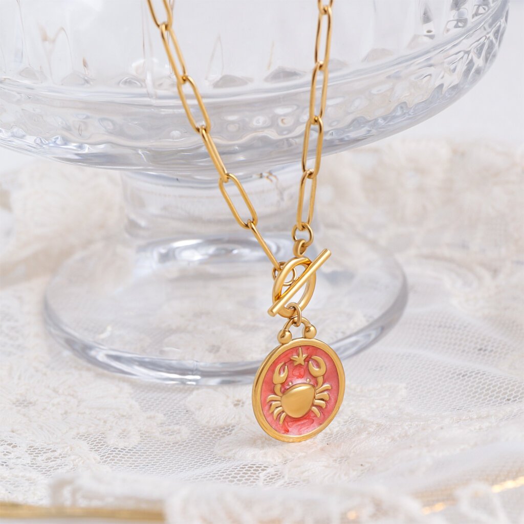 Enamel Cancer Zodiac Necklace in 18K Gold Plated Stainless Steel