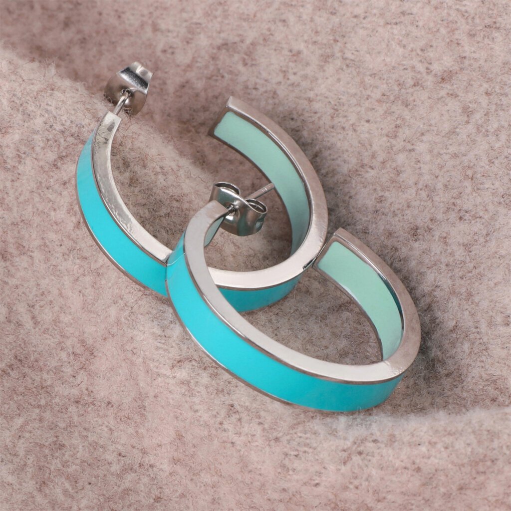 Modern Stainless Steel Half Hoop Earrings with Dual Blue Enamel