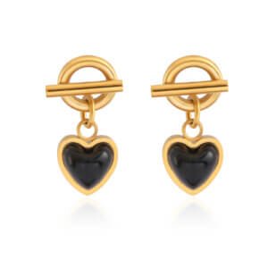 18K Gold Plated Stainless Steel Black Onyx Heart Earrings Drop Design