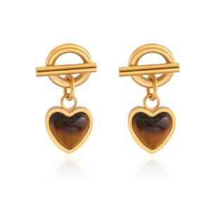 Boho Gold Plated Stainless Steel Tiger Eye Statement Heart Earrings