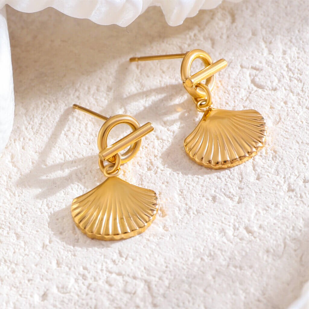 Summer Beach 18K Gold Plated Stainless Steel Seashell Dangle Earrings