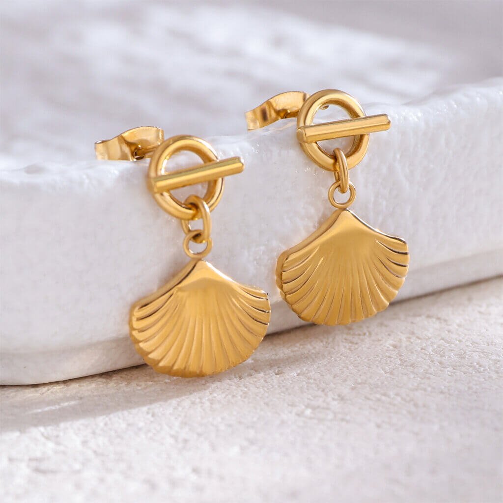 Summer Beach 18K Gold Plated Stainless Steel Seashell Dangle Earrings
